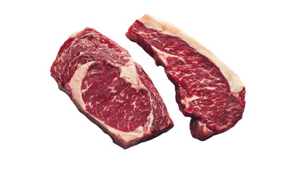 Obraz premium Two juicy beef steaks on a white isolated background, perfect for culinary and food photography.