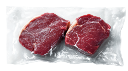 Two pieces of raw beef steak in vacuum packaging, ready for cooking and preparation.