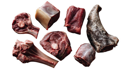 Variety of raw meats arranged on white isolate background.