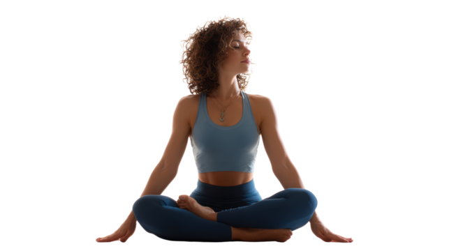 Woman practicing yoga in a serene pose, focusing on mindfulness and inner peace.
