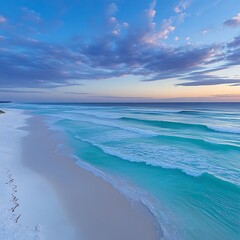 Turquoise Serenity: A Tranquil Beachscape Under a Pastel Hued Sky at Dusk