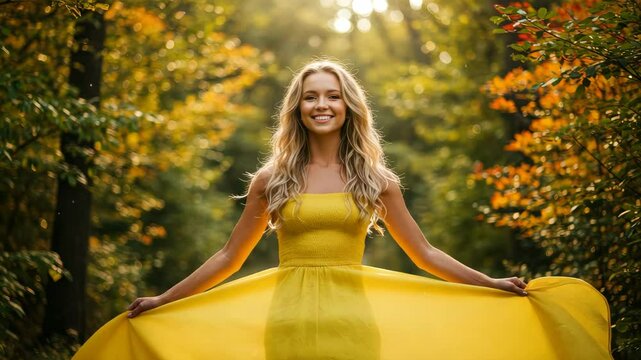 Sunny afternoon in a forest with a woman twirling in a yellow dress surrounded by autumn leaves