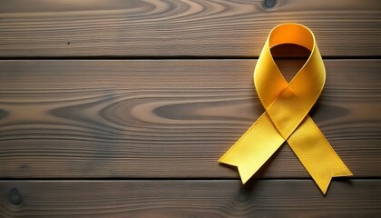 A yellow ribbon rests on a wooden surface, representing hope and support for childhood cancer awareness