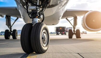 Airplane landing gear closeup on runway with ready for takeoff, and sunny day.