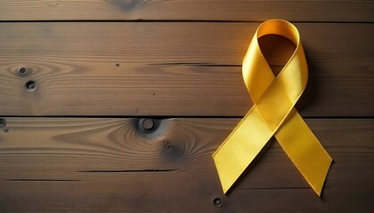 A gold ribbon on a rustic wooden background, highlighting support for Childhood Cancer Awareness Month