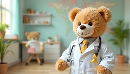 A teddy bear in a doctor's outfit, featuring a gold ribbon, representing support for Childhood Cancer Awareness