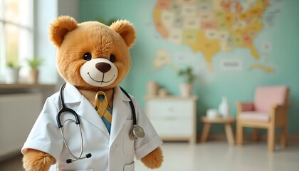 A teddy bear dressed as a doctor, adorned with a gold ribbon, representing support for Childhood Cancer Awareness