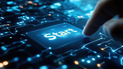 Finger presses glowing "Start" button on circuit board