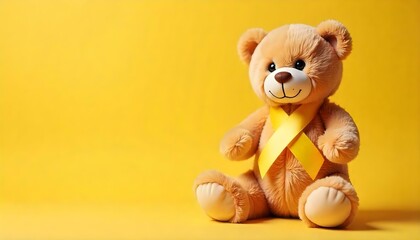 A teddy bear wearing a stethoscope and a gold ribbon, representing hope and support for childhood cancer awareness