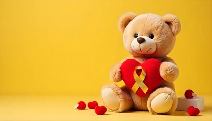 A teddy bear with a heart and gold ribbon, symbolizing support and hope for Childhood Cancer Awareness Month