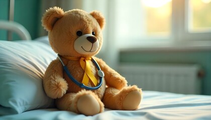 A teddy bear with a stethoscope on a bed, adorned with a gold ribbon for Childhood Cancer Awareness Month