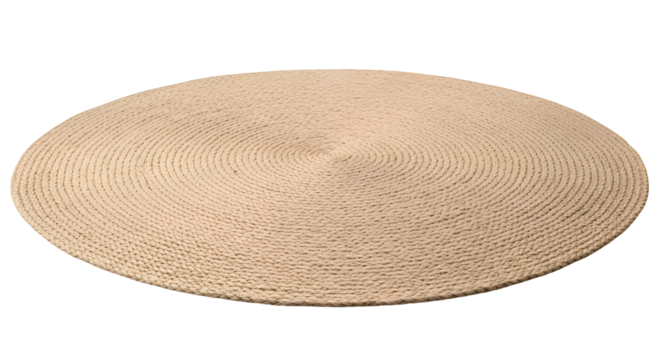 Round Woven Rug Sits on Transparent Background, Showing Texture, Pattern, and Detail