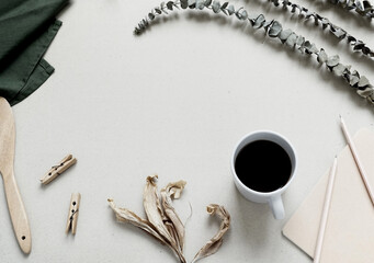 Organic real photo taken still life objects flat lay copy space eucalyptus coffee white background