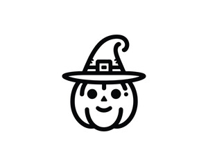 Spooky pumpkin face logo with witch hat
