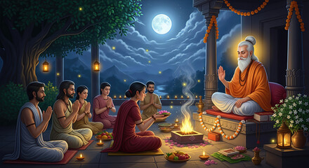 Guru Purnima Celebration with Ancient Sage and Devotees Performing Yagna in Full Moonlight – Spiritual Guidance and Blessing 
