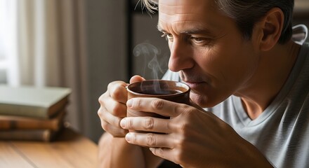 Man Savoring Aromatic Coffee in Morning Sunlight, Enjoying a Peaceful Moment of Relaxation and Warmth