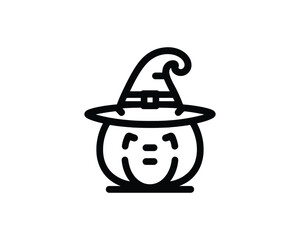 Simple pumpkin face logo in witch hat