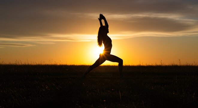 Silhouette of a Woman Practicing Yoga at Sunset Finding Peace and Balance in Nature's Embrace - Powered by Adobe