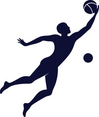 Vector silhouette of a volleyball player spiking the ball with white background.