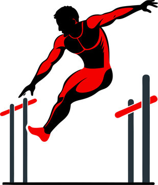 Vector silhouette of a man doing calisthenics on parallel bars with white background.