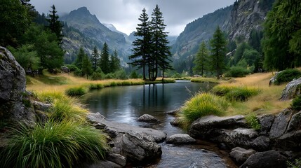 A calm lake in a mountain basin reflecting fluffy clouds and tall green pines along its edge. 