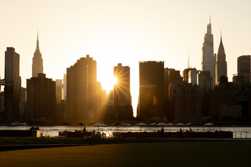 Waterfront city skyline view at sunset