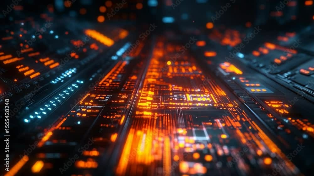 Poster high-tech futuristic digital cityscape with glowing circuit board design for technology background