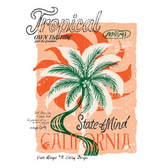 Hand sketch palm tree vector design. tropical vintage graphic print design. Summer hand drawn print, sunset or sunrise  tropical palm beach, long beach slogan text print , 
