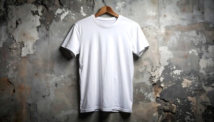 Blank White TShirt on a Hanger Against Grunge Wall Background for Mockup.
