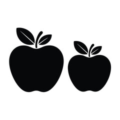 Two black silhouette apples with leaves on a white background