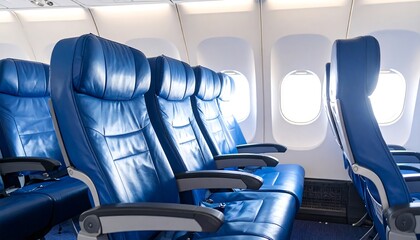 Blue Leather Airplane Seats Interior View with Travel, Comfort, and Commercial Flight.