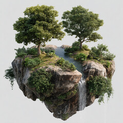 Floating island with waterfalls, trees, and lush greenery in a surreal fantasy landscape, isolated on white background