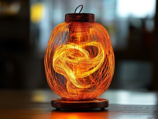 pumpkin shaped lamp, orange light, intricate carvings, dark background, halloween theme
