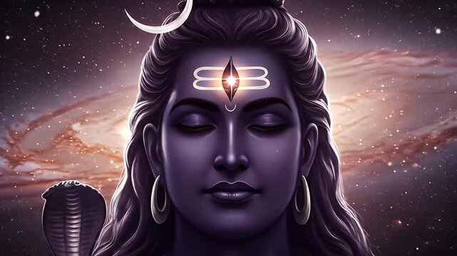 Lord Shiva wallpaper with glowing third eye and cosmic background