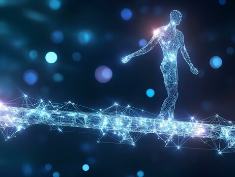 a blue wireframe figure carefully balancing on an intricate data tightrope against a dark bokeh background