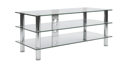 Illustrates a Glass TV Stand with Chrome Legs on Transparent Background, Home Decor Themes
