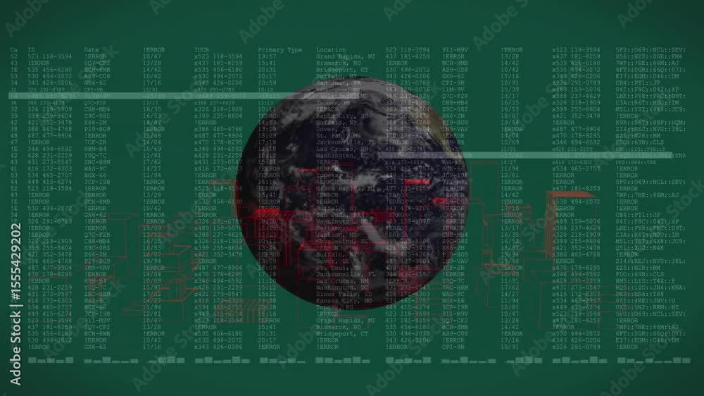 Poster small sphere sharpening into rotating earth globe initiating data and glitch bars showing data flow