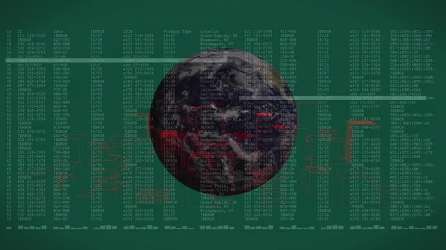 Small sphere sharpening into rotating Earth globe initiating data and glitch bars showing data flow