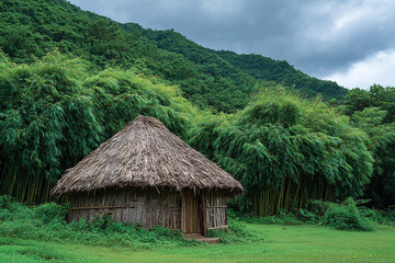 Traditional thatched hut surrounded by lush bamboo forest and green hills, rural peaceful dwelling in nature
