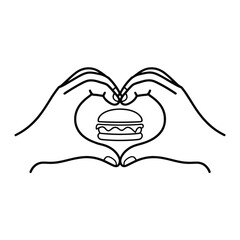Hands forming a heart shape around a delicious hamburger icon