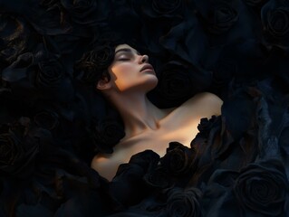 a woman's face and chest illuminated by warm light as she lies back in a sea of dark black fabric roses