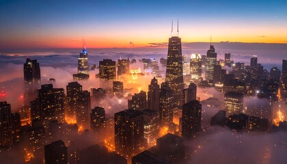 Obraz premium Chicago Skyline at Dawn Skyscrapers Emerging from Fog with Colorful Sky.