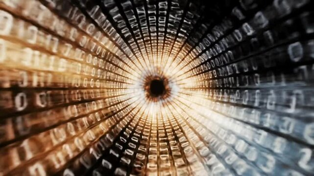 Digital binary code tunnel spinning with light vortex in cyberspace, seamless looping time-lapse 4k video background