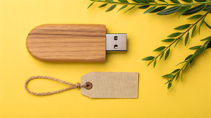 Wooden USB drive with jute tag and tropical leaf on yellow background