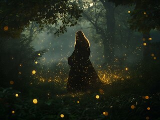 woman in dark forest, fireflies, mysterious atmosphere, night scene