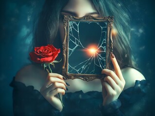 woman holding cracked mirror, red rose, dramatic lighting, dark background