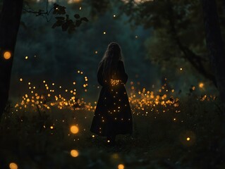 mysterious woman in black gown amongst fireflies in a shadowy forest