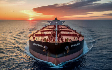 A grand cargo ship named "Ocean Dream" navigates steadily across the open sea at sunset.
