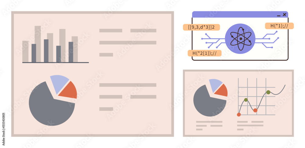 Poster bar chart, pie chart, line graph with icons for analytics and calculations. ideal for data science, 