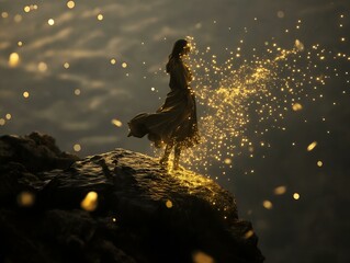 woman, dark dress, clifftop, starry night, glowing particles